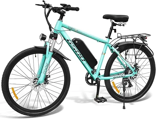 GSOU Electric Bike for Adults, 26'' E-Bike UK Legal 250W, E-Mountain Bike 40-60 Miles Range - 8Ah/13Ah Removable Battery, 7 Speed, Smart LCD, Dual Disc Brakes, Lockable Suspension, City Commute E-Bike